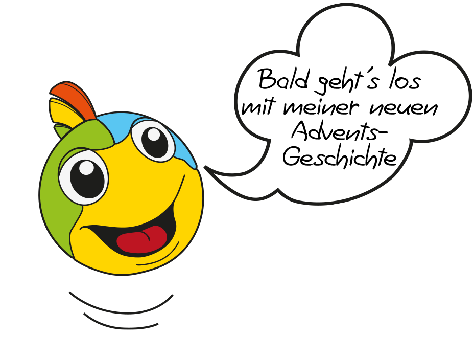 Springender VEDI mit Sprechblase: Bald geht's wieder los mit meiner neuen Advents-Geschichte.