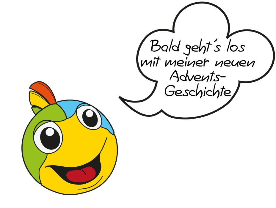 Springender VEDI mit Sprechblase: Bald geht's wieder los mit meiner neuen Advents-Geschichte.